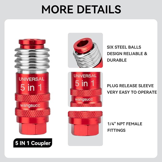 5 In 1 Universal Quick Industrial Connect Coupler Air Hose Fittings 1/4” Body Size 5-in-1 Quick Connect Air Fitting Air Compressor Accessories Fitting (1 PCS)