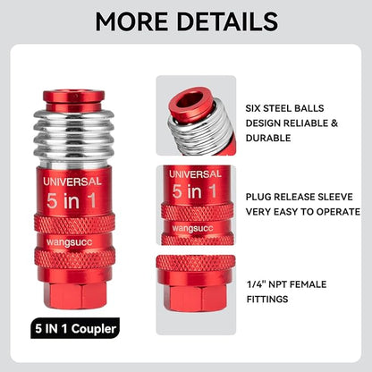 5 In 1 Universal Quick Industrial Connect Coupler Air Hose Fittings 1/4” Body Size 5-in-1 Quick Connect Air Fitting Air Compressor Accessories Fitting (5 PCS)