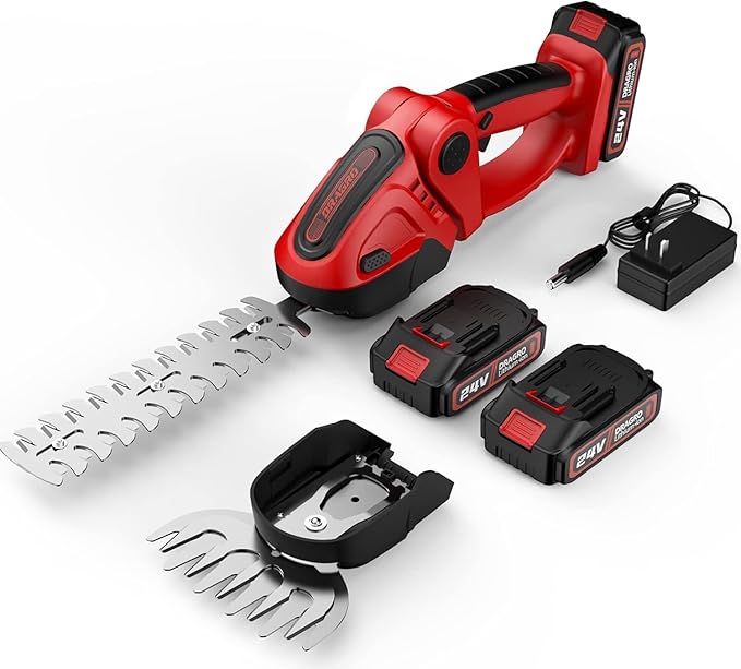 24V Cordless Grass Shears, 2200RPM 2-in-1 Handheld Electric Grass Cutter/Shrubbery Trimmers, Mini Shrub Trimmer Battery Operated Hedge Trimmer with 2Pcs 2.0Ah Batteries and Charger Included