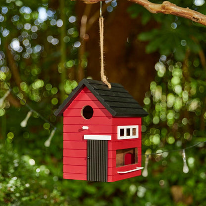 Glitzhome Hanging Bird House for Outside,10.25" H Modern Hand Painted Wooden Bird Houses for Outdoors, Functional and Decorative Bluebird Birdhouses Outdoor Garden Birdhouse, Red