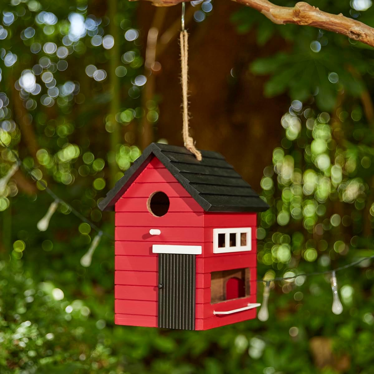 Glitzhome Wooden Bird Houses, Hand Painted Hanging Bird House for Outdoors,10.25" H Modern Functional and Decorative Outdoor Garden Birdhouse for Finch Bluebird Cardinals Swallow Wren Chickadee, Red