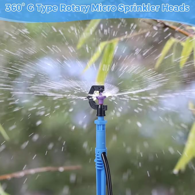 Drip Irrigation System Kit - Automatic Garden Watering System with G Type 360° Rotating Micro Sprinkler Heads & 16FT 8/11mm & 10FT 4/6mm Irrigation Tubing for Garden, Lawn, Greenhouse, Yard, Plant