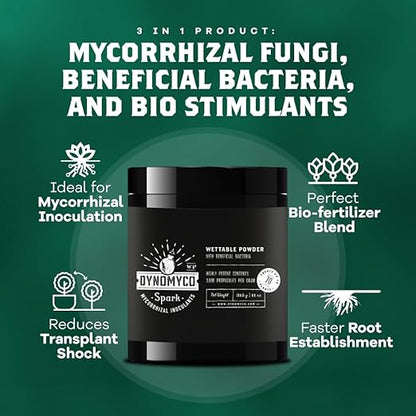 DYNOMYCO Spark WP Mycorrhizal Fungi, 11oz Wettable Powder – 3-In-1 Root Enhancer Amplifies Nutrient Uptake & Yield – Treats 70Plants, Indoor/Outdoor Bio-Stimulant – Dissolves Fast in Seed Starter Soil