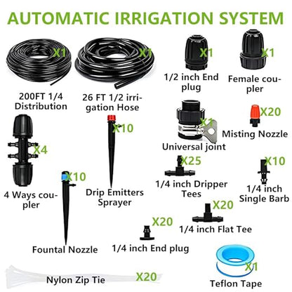 200-Foot Professional Drip Irrigation System Kit - Greenhouse & Patio Micro Watering Solution with Adjustable Nozzles & Quick-Connect Fittings, Dual-Size Tubing (1/4" & 1/2")