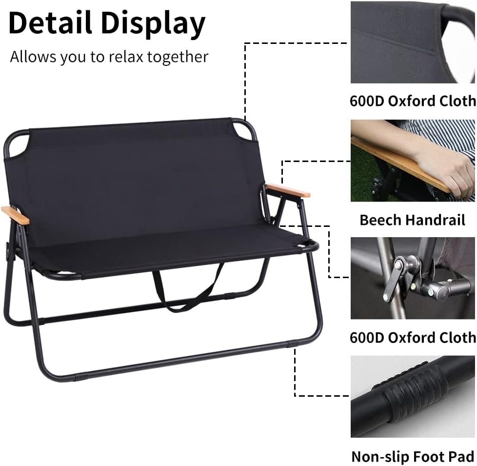 Loveseat Camping Chair for Adults Heavy Duty Double Seat Camp Chair for 2 Person Suit for Indoor Outdoor Hiking Patio Beach (Black)
