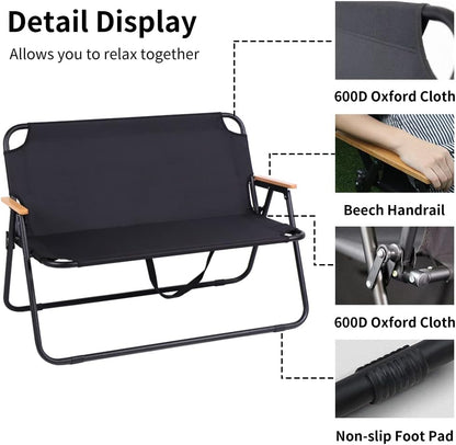 Loveseat Camping Chair for Adults Heavy Duty Double Seat Camp Chair for 2 Person Suit for Indoor Outdoor Hiking Patio Beach (Black)