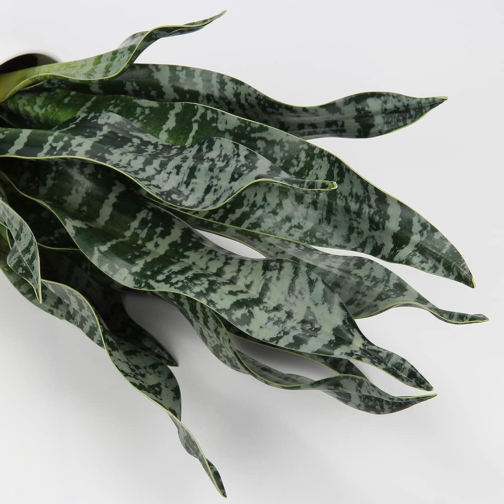 Hollyone Artificial Snake Plant Potted Faux Sansevieria Trifasciata Plants, 16.5" Tropical Fake Snake Plants in White Pots for Home Office Desk Outdoor Décor Housewarming Gift