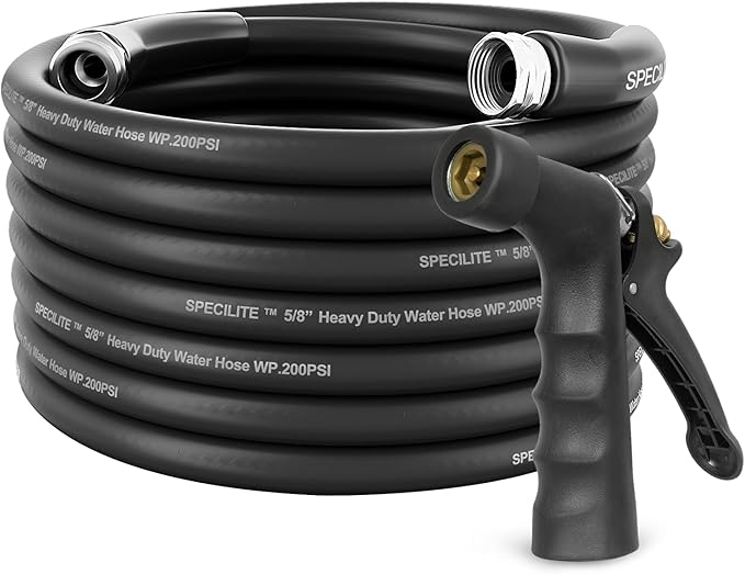 SPECILITE 5/8" Hot/Cold Garden Hose 50 ft with Industrial High Pressure Nozzle, Flexible & Lightweight, 600psi Burst Rubber Water hose -50℉-158℉ With 3/4"Stainless Steel Fittings for Yard, Black