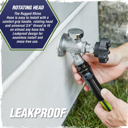 Rugged Rhino Heavy Duty Flexible Light Weight Garden Hose, 25ft x 5/8in, 4 Layer Leakproof Outdoor Gardening Tools, Watering Supplies, Powerful Water Pressure for Lawn, Flowers, Green Black