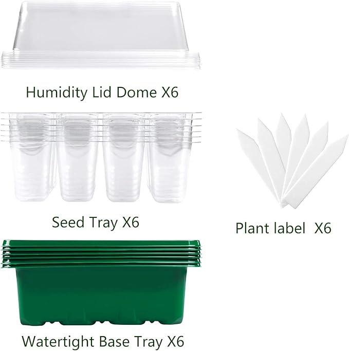 Seed Starter Tray, 6 Set Seedling Kits with Adjustable Humidity Dome, Plant Starter Kit for Seeds Growing Starting (12 Cells per Tray)