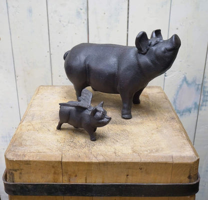 NACH Cast Iron Pig Statue - Black Door Stopper/Paperweight, Rustic Garden Decor, 9.2x3.7x5.9 Inch, Black Head Up Pig