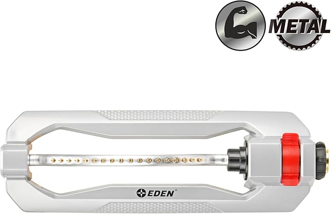Eden 96218 Heavy Duty Turbo Oscillating Sprinkler, Covers Up to 3,700 sq. ft., 18 Brass Nozzles, Weighted Aluminum Base, Adjustable Range, Quick Connect Bundle, Silver, Red, Black