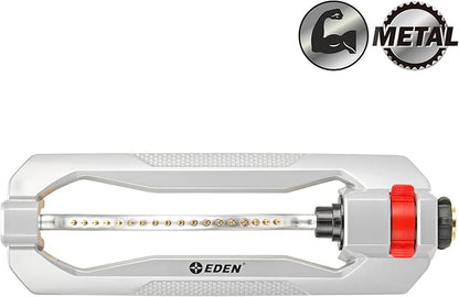 Eden 96218 Heavy Duty Turbo Oscillating Sprinkler, Covers Up to 3,700 sq. ft., 18 Brass Nozzles, Weighted Aluminum Base, Adjustable Range, Quick Connect Bundle, Silver, Red, Black