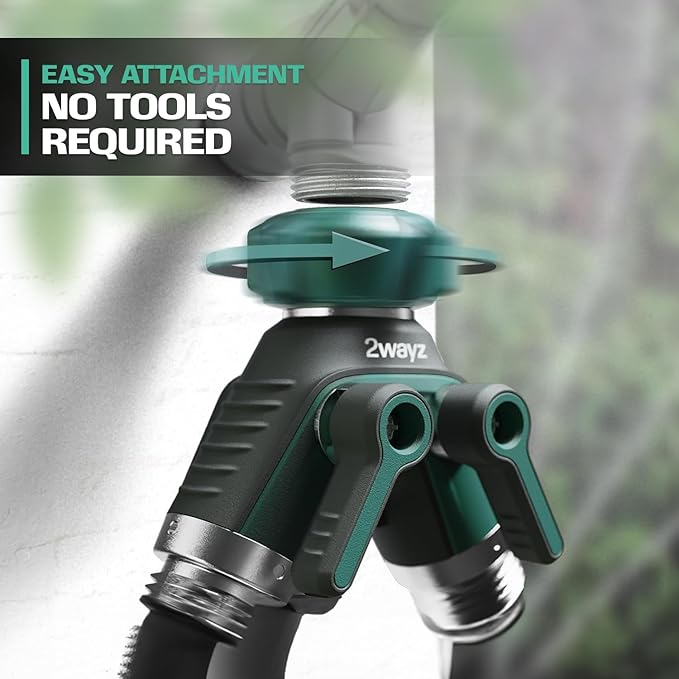 2WAYZ Dual Outlet Water Hose Splitter - Heavy-Duty Brass Y Connector, 360° Rotation, Easy Installation, Leak-Proof Design with Spigot Extender - Ideal for Garden, Washing Machines, Outdoor Faucets