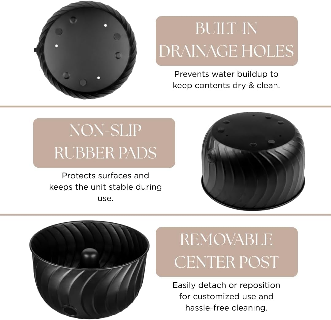 Monarch Abode Decorative Garden Hose Holder with Lid, Matte Black Storage for Outdoor Use, 100 ft Water Hose Pot for Outside, Wave Embossed Metal Pot with Drainage, Garden Storage Organizer