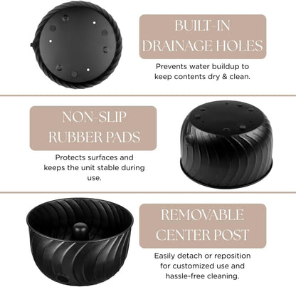 Monarch Abode Decorative Garden Hose Holder with Lid, Matte Black Storage for Outdoor Use, 100 ft Water Hose Pot for Outside, Wave Embossed Metal Pot with Drainage, Garden Storage Organizer