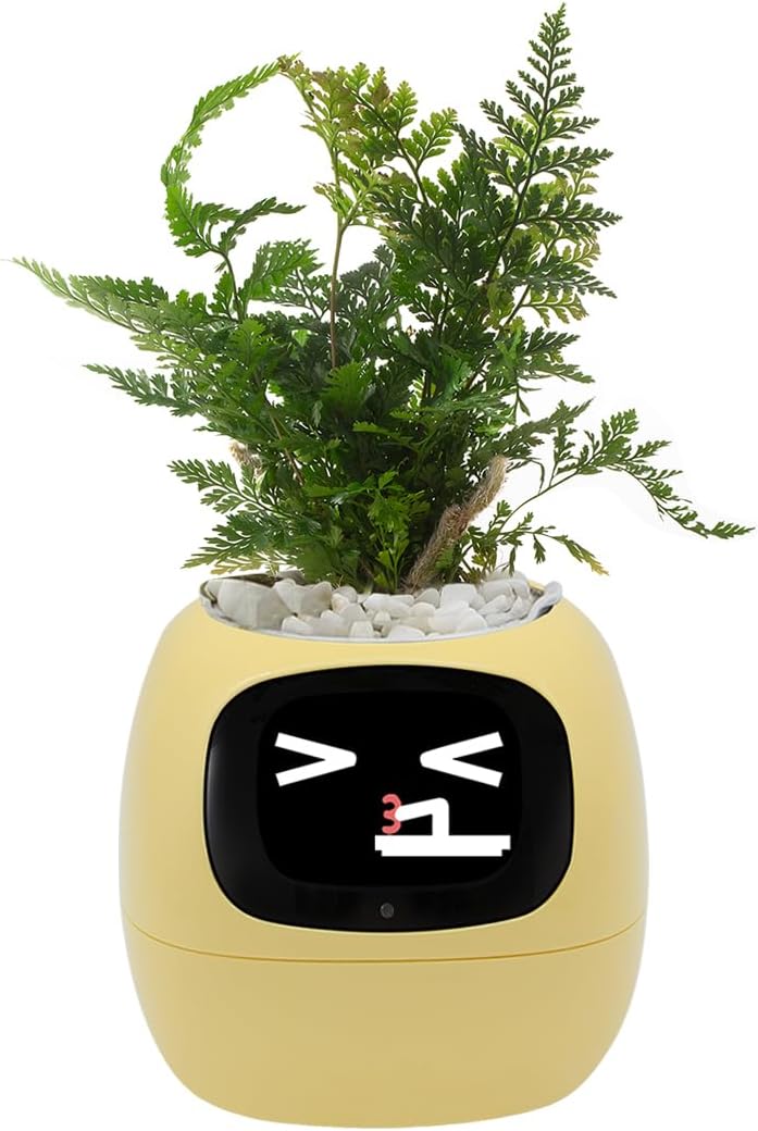 Smart Pet Planter, Smart Plant Pot, With Artificial Intelligence, Time Weather Display, And Multiple Expressions Animation,Lovely Plant Companion, For Desktop Decoration, Gifts,Plant-Free (Yellow)