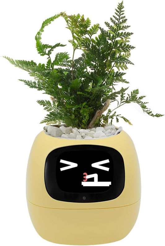 Smart Pet Planter, Smart Plant Pot, With Artificial Intelligence, Time Weather Display, And Multiple Expressions Animation,Lovely Plant Companion, For Desktop Decoration, Gifts,Plant-Free (Yellow)