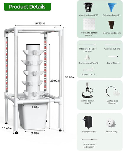 SJZX Hydroponics Growing System, Hydroponic Tower with Full-Spectrum Grow Lights, 5 Tiers Indoor Outdoor Garden Planter, Vertical Home Gardening Germination Kits for Vegetables, Fruits, Herb (25 Pods)