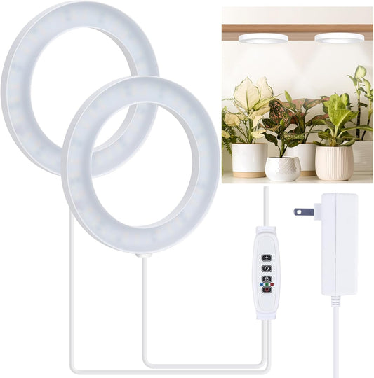 Full Spectrum Grow Light for Indoor Plants, 144 LEDs Halo Plant Light with Auto On/Off Timer (4/8/12H), 10-Level Brightness, 3 Lighting Modes, for Small Plants & Seedlings (White, Dual Head)