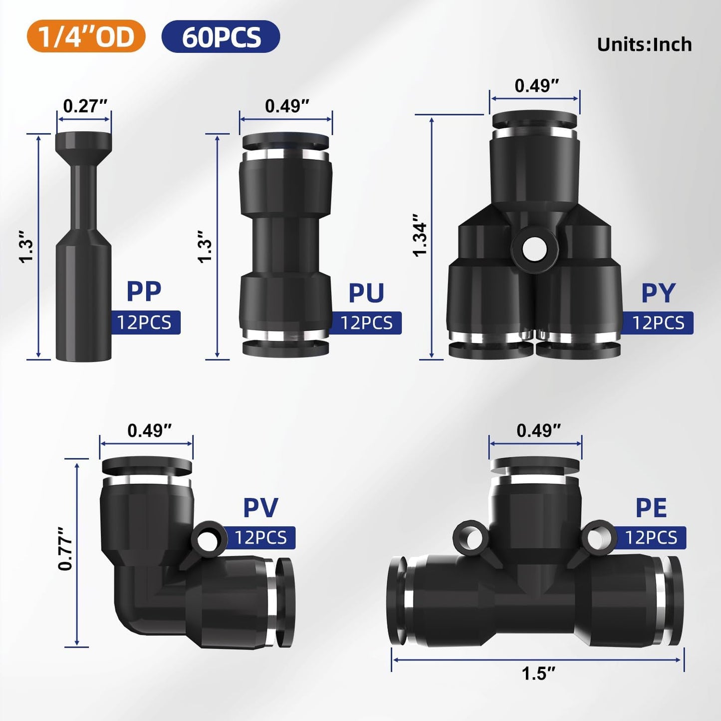 60pcs 1/4" Push to Connect Fittings, 1/4 inch OD Air Hose Tubing Air Line Fittings Pneumatic Quick Connects Kit (Tee, Straights, Elbows, Splitters,Plugs)