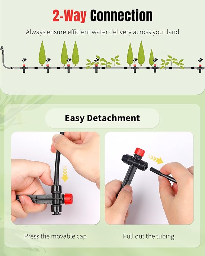 Pawfly 30 Pcs Push-to-Fit Drip Irrigation Emitters, 8-Stream Sprinklers Drip Emitters for 1/4 Inch Tubing with Stake & End Plugs, Two-Way Connection Irrigation Drippers with Adjustable Water Flow