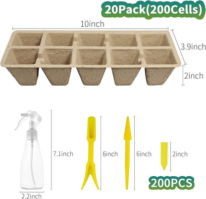 200Cells Seedling Start Trays with Drain Holes,20pcs Peat Pots Seedling Pots Biodegradable,Seedling Starter Kit,Organic Germination Plant Starter Trays(200xLabels,2xTransplant Tools,1xSpray Bottle)