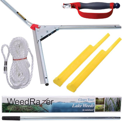 Jenlis Weed Razer Express, Lake Weed Cutter, Compact Aquatic Pond Plant Cutting Tool, Sharp Razor Blades Shear Cattail, Reed, Phragmites Lilly & Chara Algae, 30” Inch Cut Width, 25 Foot Throw Rope