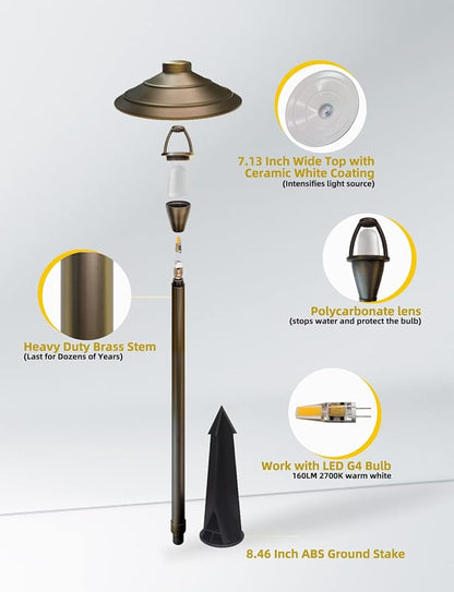 COLOER Brass Low Voltage Walkway Lights for Outside Bronze Finish 2-Pack with LED G4 Bulb,9-17V AC/DC 2W 2700K Warm White Outdoor Landscape Path Lights for Garden,Yard,Sidewalk or Driveway(601B)