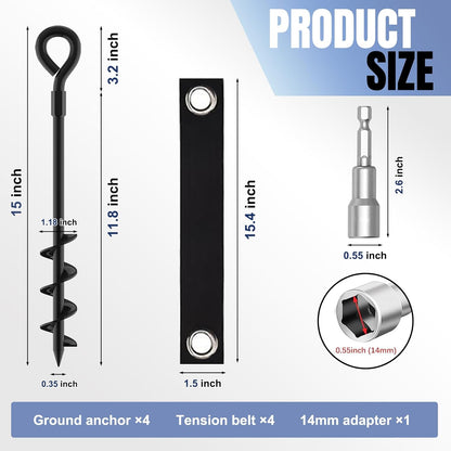 Eurmax USA Trampoline Stakes Screw in Tent Stakes Parts Heavy Duty for Canopies,4-Pack Outdoor Anchor Kit with Straps(Black)