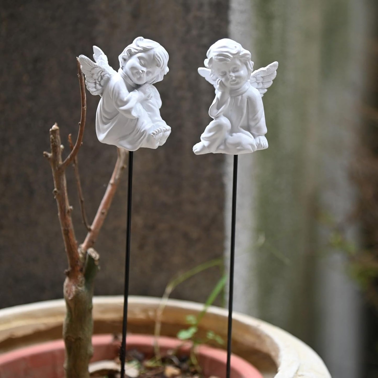 OwMell Set of 2 Decorative Angel Garden Stakes, Small Angel Fairy Garden Angel Ornaments, Cherub Angel Memorial Statue Flower Pot Decorations - Angels