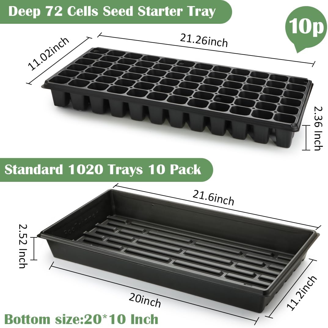 10 Pack 1020 Trays No Holes and 10 Pack 72 Cell Seed Starter Tray, 20" x 10" - Heavy Duty Reusable Plastic Seed Starter Kit for Microgreens, Seed Germination & Plant Propagation (10 Sets)