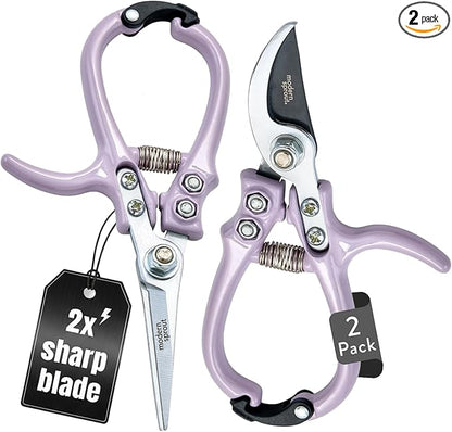Modern Sprout Hand Pruners & Shears Set - Lightweight Gardening Tools W/Easy Lock - Sharp Carbon Steel Blades -Rust Resistant Scissors for Herbs, Flowers - Reusable Holster - Lavender