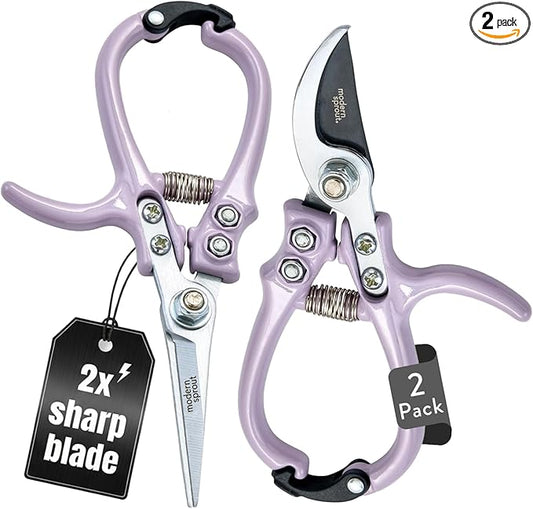 Modern Sprout Hand Pruners & Shears Set - Lightweight Gardening Tools W/Easy Lock - Sharp Carbon Steel Blades -Rust Resistant Scissors for Herbs, Flowers - Reusable Holster - Lavender