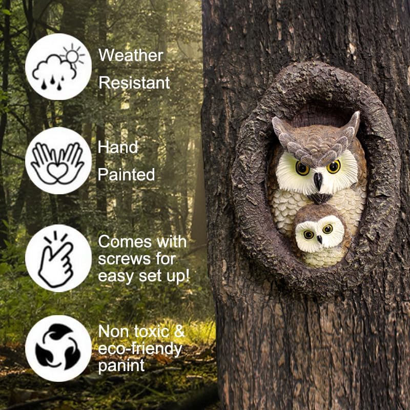 Owl Mom and Owlet Tree Hugger, Outdoor Garden Sculpture Tree Faces, Owl Bird Garden Resin Statue, Tree Peeker Ornament, Durable & Waterproof, Decorations Gardening Presents for Housewarming Birthday