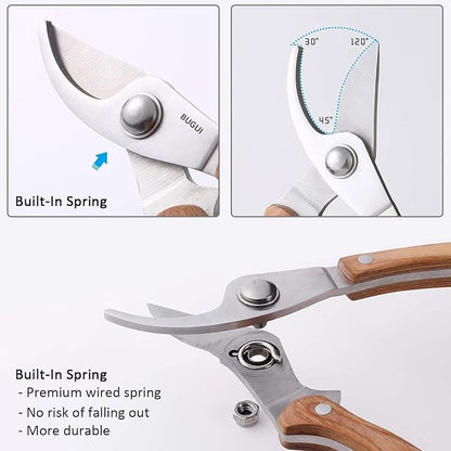 BUGUI Wood Handle Pruning Shears, SK-5 Steel Blade, 1-inch Cutting Capacity, Sharp, Well Designed Garden Shears, 8"