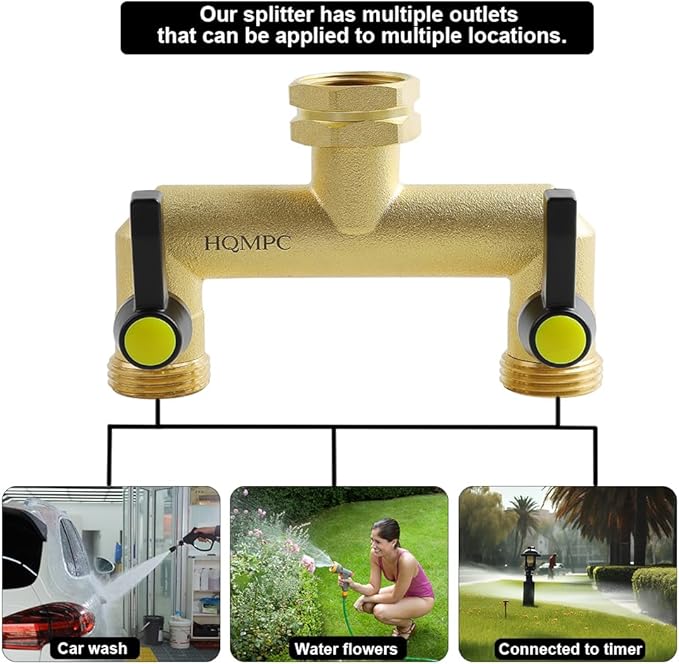 HQMPC 2 Way Hose Splitter Heavy Duty Water Splitter Outdoor 2 Way Strong HEX Nut Connect 3/4" GHT