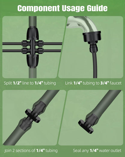 Pawfly 100 ft 1/4 Drip Irrigation Tubing, 1/4" Emitter with 6" Spacing, Polyethylene Drip Line with 12 Parts, Black Distribution Tubing for Garden System, Drip Irrigation Hose Roll