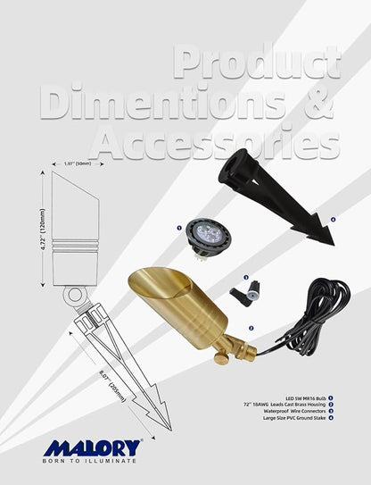 MALORY Brass Landscape Spotlight,12V AC/DC Low Voltage LED Landscape Lighting,Waterproof Spot Up Light for Garden,Patio and Yard (10-Pack with Bulb)