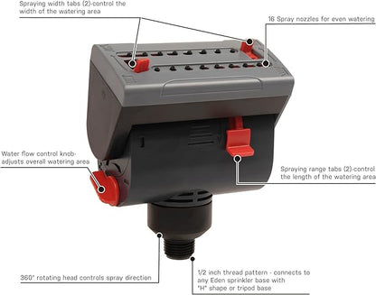 Eden 16028 4-Way Adjustable Mini Turbo Oscillating Sprinkler Head for Lawn and Garden; 1/2 Inch Thread Connector Fits for Most Garden Tool Base