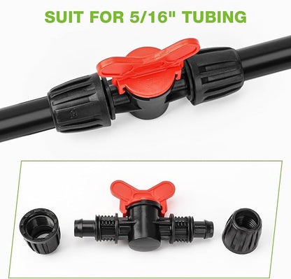 Bonviee 6 Packs 5/16” Drip Irrigation Shut Off Valve, in-Line Barbed Locking Valve for 5/16 Inch Tubing, Water Flow Control for Garden, Greenhouse, Raised Bed Systems