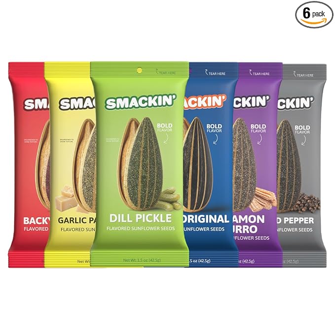 SMACKIN' Sunflower Seeds, Roasted Jumbo Small-Batch, American Made - 6 Flavor Variety. 1.5oz bags (6 Bags)