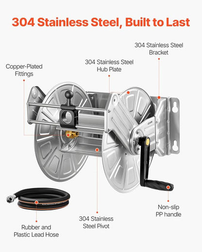 VEVOR Stainless Steel Garden Hose Reel Wall/Floor Mounted, Heavy Duty Manual Hose Winder Holds 150 ft 5/8 in Water Hoses, Outdoor Reel with Brass Fittings & 5 ft Leader Hose for Lawn, Yard, Garage