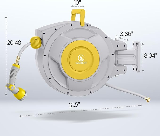Retractable Hose Reel, 5/8 "x 100 ft Retractable Garden Hose Reel Wall Mounted, for Cleaning, Watering, with 10-Function Hose Nozzle, Any Length Lock, Heavy Duty, 180°Swivel (Yellow)