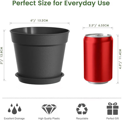 20 Pack 6 Inch Plant Pots with Drainage and Saucers, Black Plastic Flower Pots for Indoor and Outdoor Plants, Stackable Nursery Planters for Houseplants and Herbs, Black