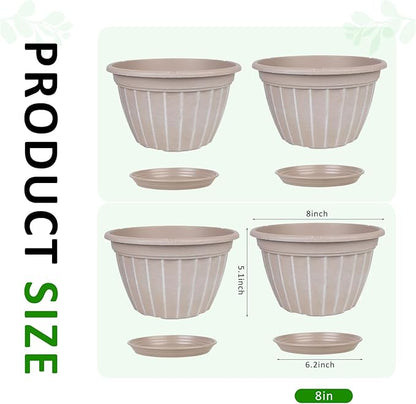 FGstyle 4 Pack Flower Pots,8 Inch Plants Pot,Planters Pot with Drainage Hole & Saucer,Modern Planters for Indoor Outdoor Plants,Decorative Resin Garden Pots for Outdoor Indoor Home Plants (Beige)