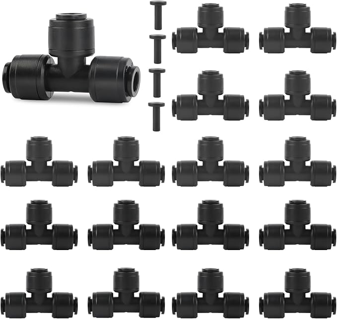 30Pcs 1/4'' Drip Irrigation Tee Connectors with 4Pcs Plugs, Kalolary Drip Irrigation Fittings for 4/7mm Irrigation Tubing 3 Hose Quick Connectors Leak Free Splitter Fitting for Water Irrigation System