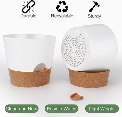 10 inch Plant Pots, Self-Watering Planters with Drainage Holes & Saucers for Indoor and Outdoor Plants (2-Pack,White