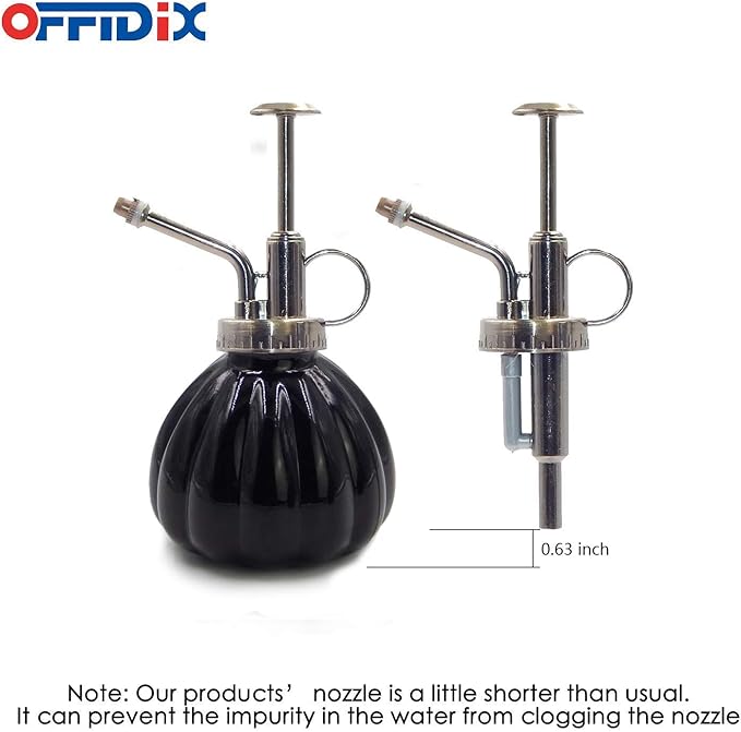 OFFIDIX Plant Mister Flower Watering Can, 6.3" Tall Vintage Pumpkin Style Black Color Glass Spray Bottle & Bronze Plastic Top Pump Ideal for Watering Small Plants Inside Home or Office