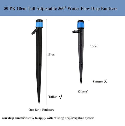 50 Pack Drip Irrigation Emitters Adjustable Irrigation Dripper 360 Degree Full Circle Pattern Water Flow Bubbler with Stake for 1/4 inch Irrigation Hose for Garden Greenhouse
